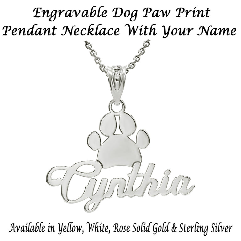 Personalized Name Dog Paw Print Pendant Necklace in Solid Yellow, White and Rose Gold