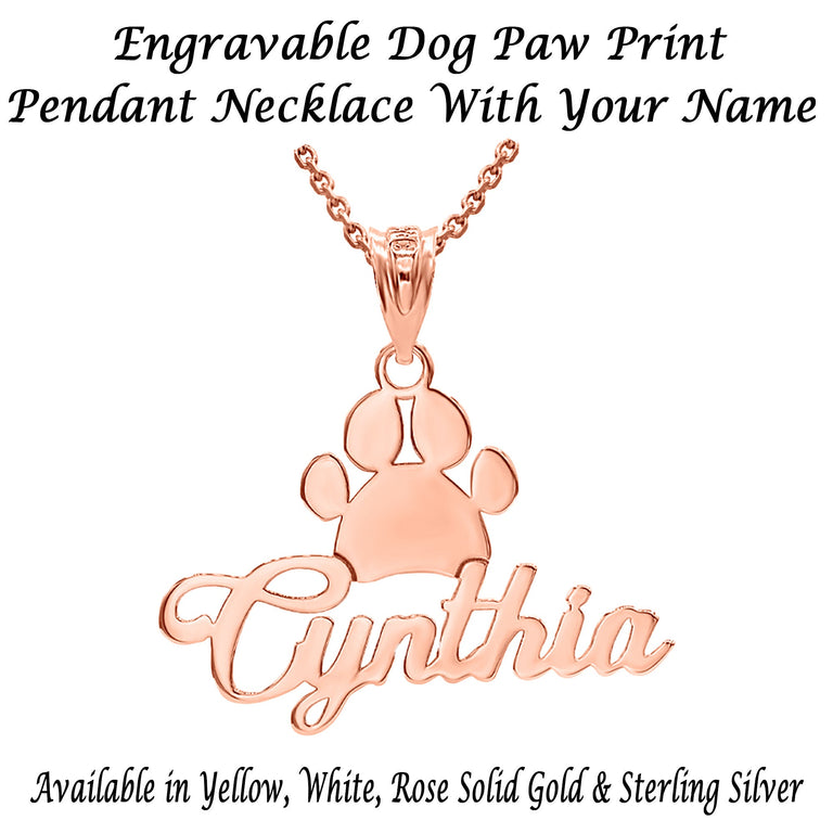 Personalized Name Dog Paw Print Pendant Necklace in Solid Yellow, White and Rose Gold