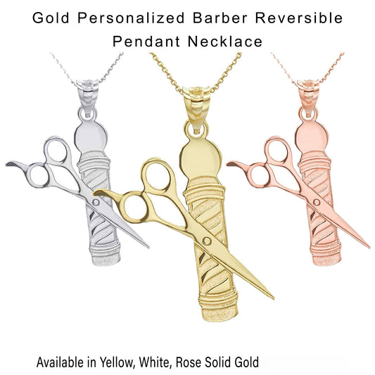 Personalized Engravable Barber Reversible Pendant Necklace Available in Solid Yellow, White and Rose Gold