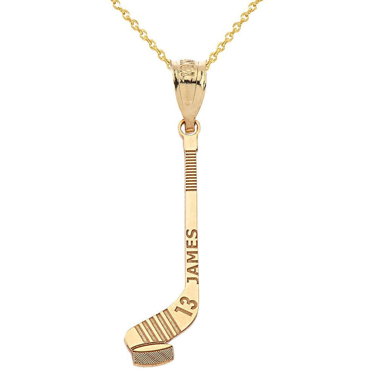 Personalized Engravable Gold Ice Hockey Stick and Puck Pendant with Your Name and Number in Solid Yellow, White and Rose Gold