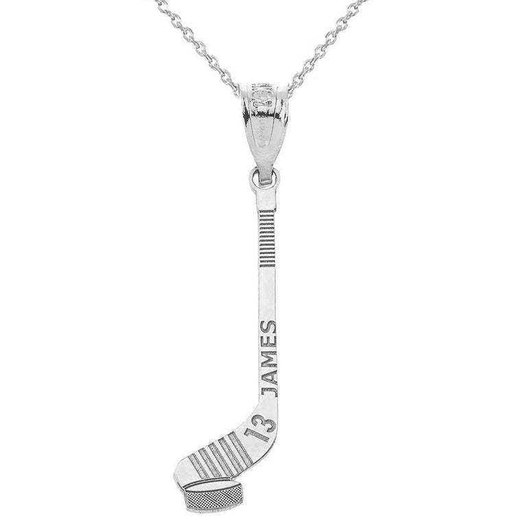 Personalized Engravable Gold Ice Hockey Stick and Puck Pendant with Your Name and Number in Solid .925 Sterling Silver