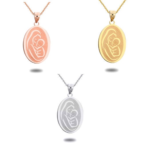 Personalized Mother/Baby Engravable Oval Medallion Necklace With your Name in Solid Yellow, White and Rose Gold