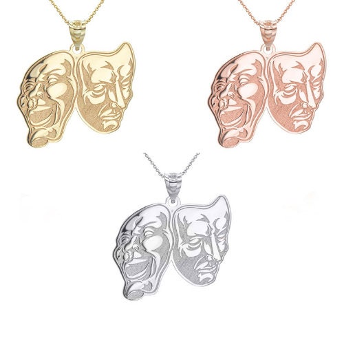 Personalized Comedy & Tragedy Masks Reversible Pendant Necklace With Your NAME in Solid Yellow, White and Rose Gold