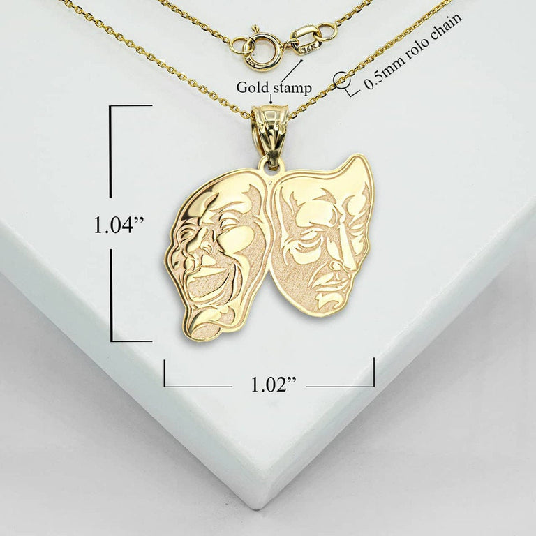 Personalized Comedy & Tragedy Masks Reversible Pendant Necklace With Your NAME in Solid Yellow, White and Rose Gold