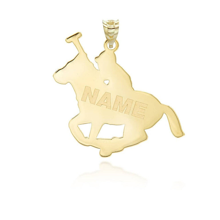 Personalized Your Name in Polo Sport Horse Riding Jockey Reversible Pendant Necklace in Solid Yellow, White and Rose Gold