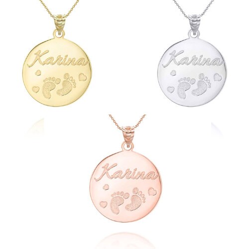 Personalized New Born Baby Feet Reversible Pendant Necklace With Your NAME in Solid Yellow, White and Rose Gold