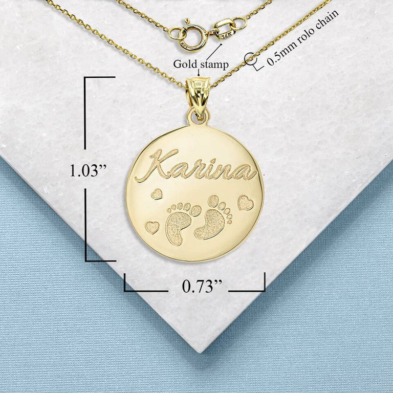 Personalized New Born Baby Feet Reversible Pendant Necklace With Your NAME in Solid Yellow, White and Rose Gold