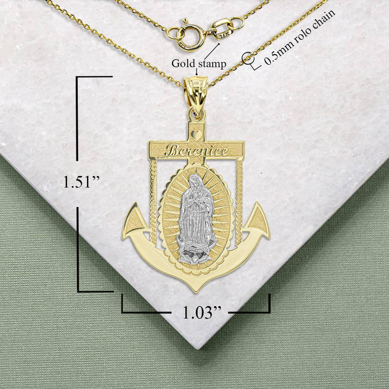 Personalized Our Lady of Guadalupe Anchor Mariner Pendant Necklace With Your NAME in Solid Yellow, White and Rose Gold