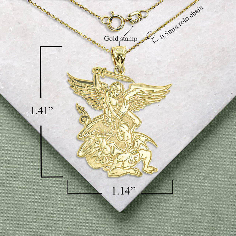 Personalized Saint Michael Patron Saint of Military and Police Reversible Pendant Necklace With Your NAME in Solid Yellow, White and Rose Gold