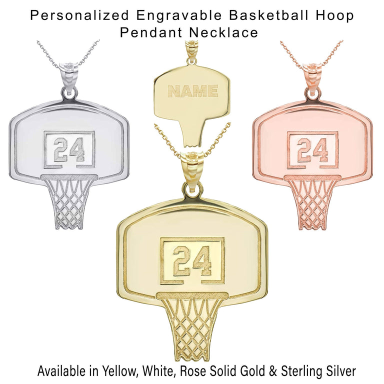 Personalized Engravable Name & Number Basketball Hoop Reversible Pendant Necklace Available in Solid Yellow, White and Rose Gold