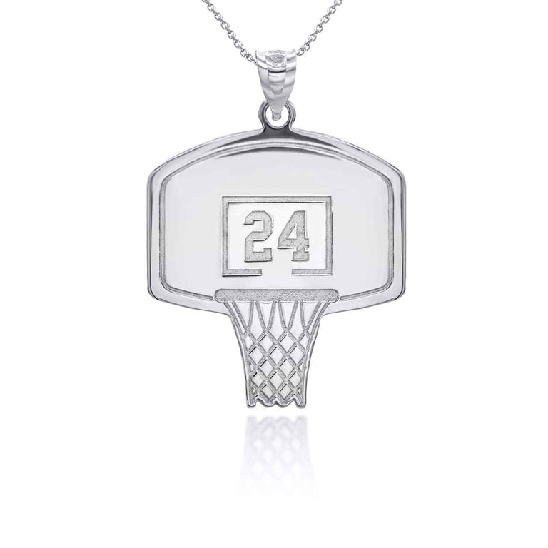 Personalized Engravable Name & Number Basketball Hoop Reversible Pendant Necklace Available in Solid Yellow, White and Rose Gold
