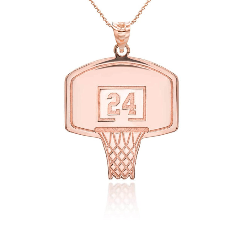 Personalized Engravable Name & Number Basketball Hoop Reversible Pendant Necklace Available in Solid Yellow, White and Rose Gold