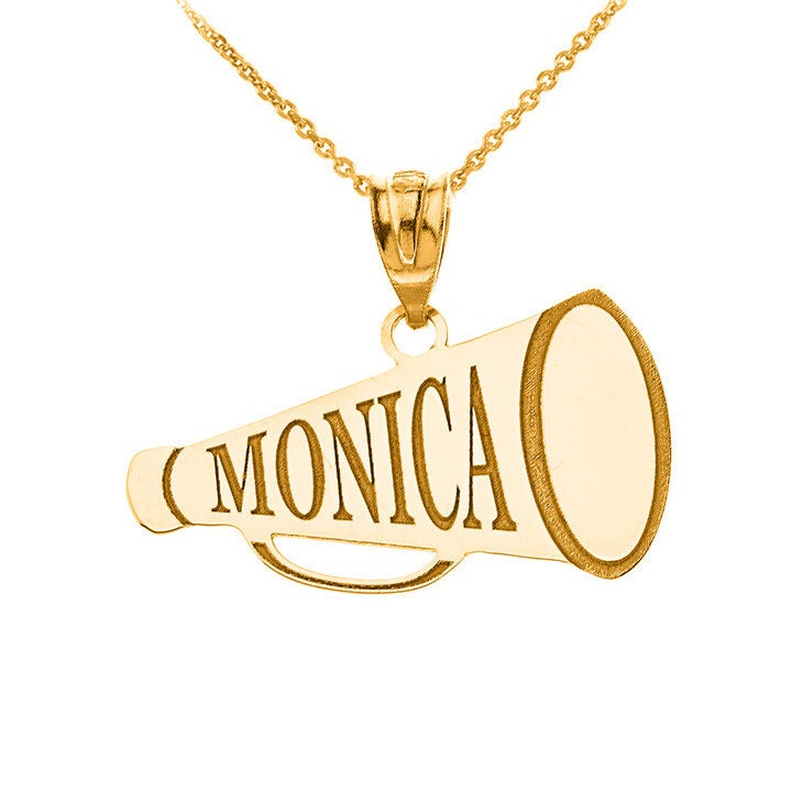 Personalized Engraveable Gold Cheerleader Megaphone Sports Charm Necklace With Your Name in Solid Yellow, White and Rose Gold
