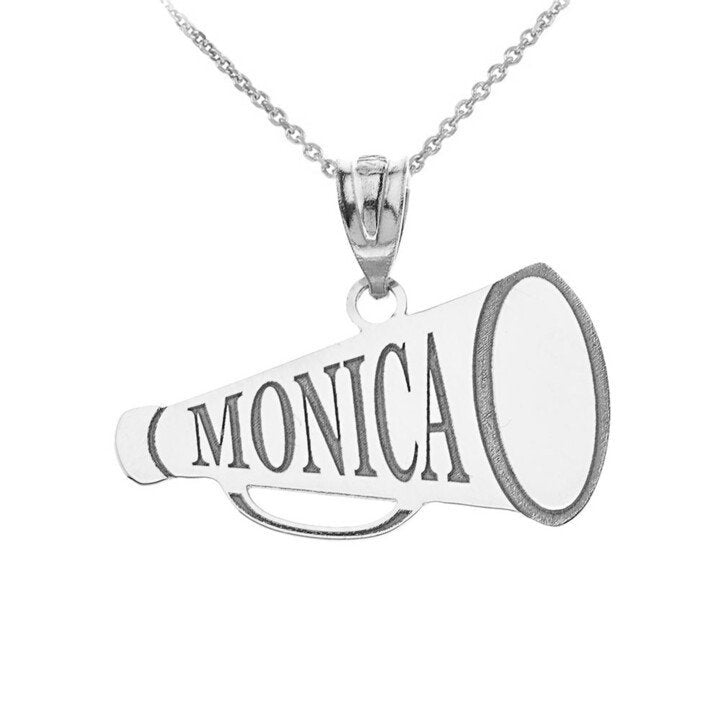 Personalized Engraveable Gold Cheerleader Megaphone Sports Charm Necklace With Your Name in Solid .925 Sterling Silver