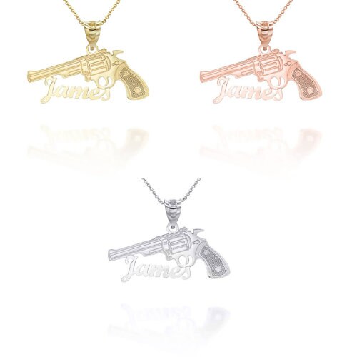 Personalized Name Gun Pendant Necklace With Your NAME in Solid Yellow, White and Rose Gold