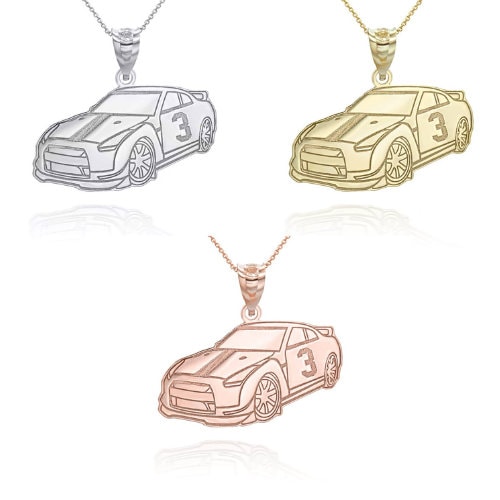 Gold Personalized Race Car Reversible Pendant Necklace in Solid Yellow, Rose and White Gold