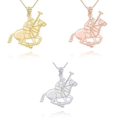 Personalized Your Name in Polo Sport Horse Riding Jockey Reversible Pendant Necklace in Solid Yellow, White and Rose Gold