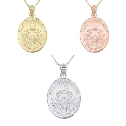 Personalized Religious Holy First Communion Reversible Pendant Necklace With Your NAME in Solid Yellow, White and Rose Gold