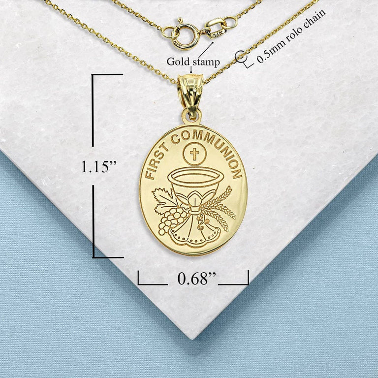 Personalized Religious Holy First Communion Reversible Pendant Necklace With Your NAME in Solid Yellow, White and Rose Gold