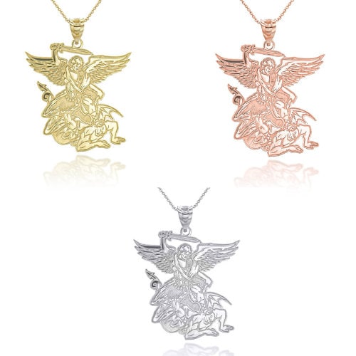 Personalized Saint Michael Patron Saint of Military and Police Reversible Pendant Necklace With Your NAME in Solid Yellow, White and Rose Gold