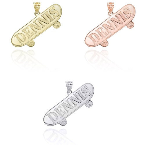 Personalized Skateboard Reversible Pendant Necklace With Your NAME in Solid Yellow, White and Rose Gold