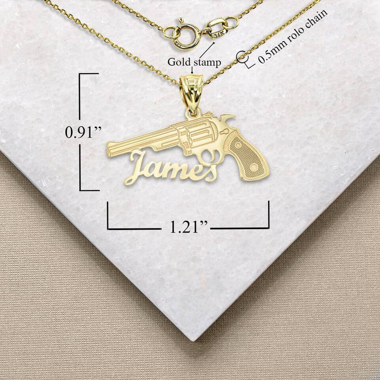 Personalized Name Gun Pendant Necklace With Your NAME in Solid Yellow, White and Rose Gold