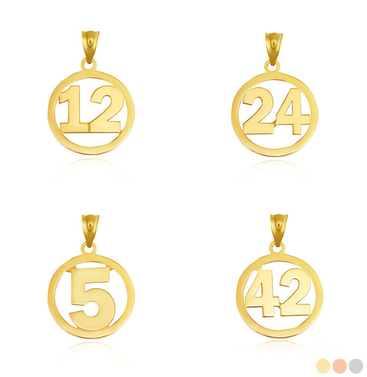 Personalized Jersey Number Sports Circle Pendant Necklace in Solid Yellow, White and Rose Gold