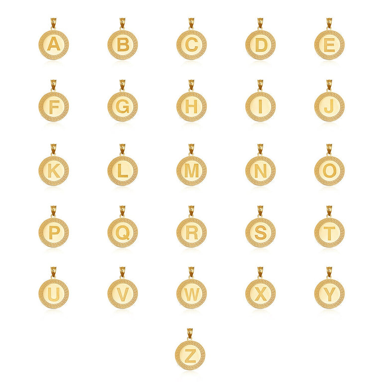 Personalized Letter Initial Greek Key Medallion Pendant Necklace in Solid Yellow, White and Rose Gold
