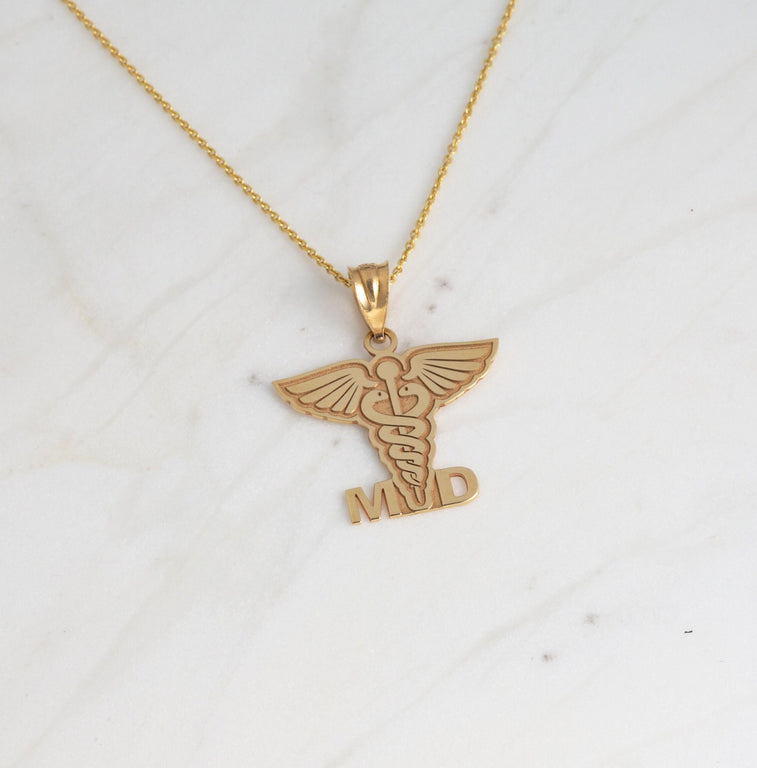 Personalized Engravable Medical Doctor MD Pendant Necklace With Your NAME in Solid Yellow, White and Rose Gold