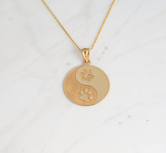 Personalized Engravable Ying Yang Pet Tag Paws Print Pendant Necklace with NAME in Solid Yellow, White and Rose Gold