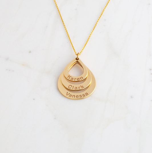 Personalized 3 Names Triple Stack Tear Drop Pendants Necklace Option with Rolo Chains in Solid Yellow, White and Rose Gold