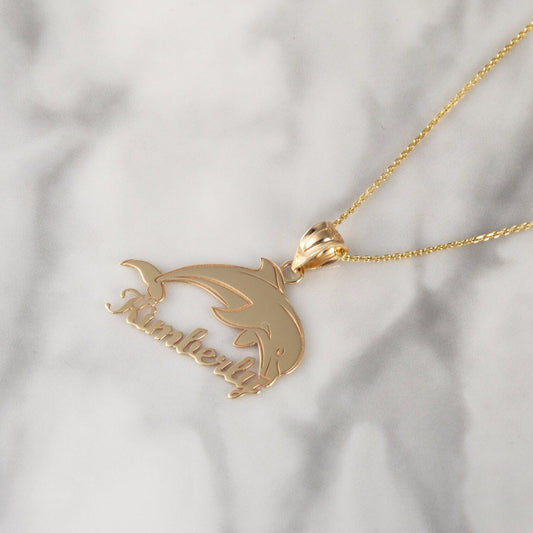 Personalize Jumping Dolphin With Your Name in Solid Yellow, White and Rose Gold