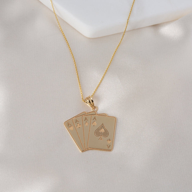 Personalize Ace Four Of A Kind Poker Hand Quads Pendant Necklace with Engravable Name in Solid Yellow, White and Rose Gold