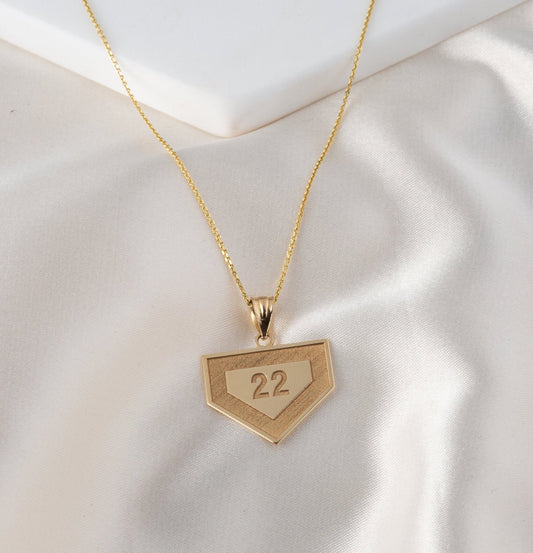 Engravable Personalized Baseball Base Pendant Necklace With Name & Number in Solid Yellow, White and Rose Gold