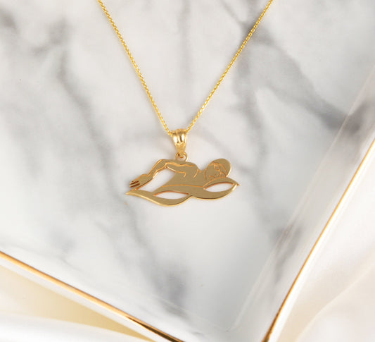 Personalized Your Swimming Swimmer Sports Pendant Necklace Engraved With Your NAME in Solid Yellow, White and Rose Gold