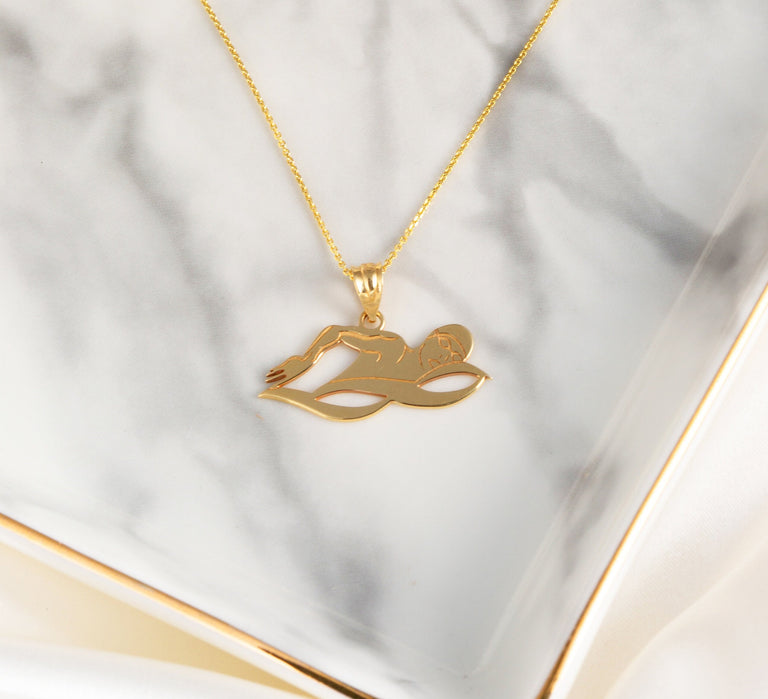 Personalized Your Swimming Swimmer Sports Pendant Necklace Engraved With Your NAME in Solid Yellow, White and Rose Gold