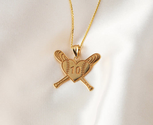 Personalized Engravable Baseball Love Heart Shaped Pendant Necklace With Your NAME in Solid Yellow, White and Rose Gold