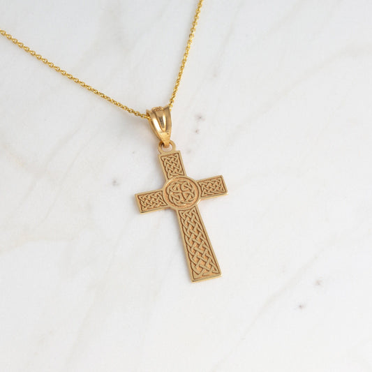 Personalized Irish Celtic Knot Religious Cross 1.28" Pendant Necklace with Your Name in Solid Yellow, White and Rose Gold