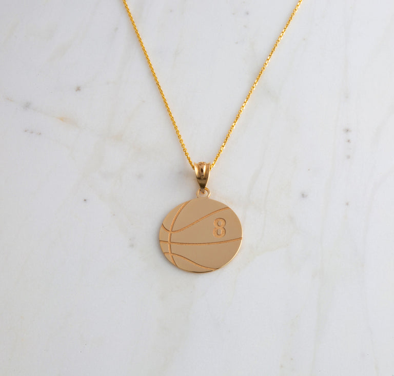 Personalized Name & Number Engravable Front/Back Basketball Ball Pendant in Solid Yellow, White and Rose Gold