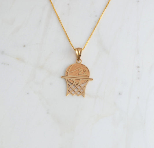 Personalized Engravable Basketball Hoop Pendant Front/Back With Your NAME & NUMBER in Solid Yellow, White and Rose Gold