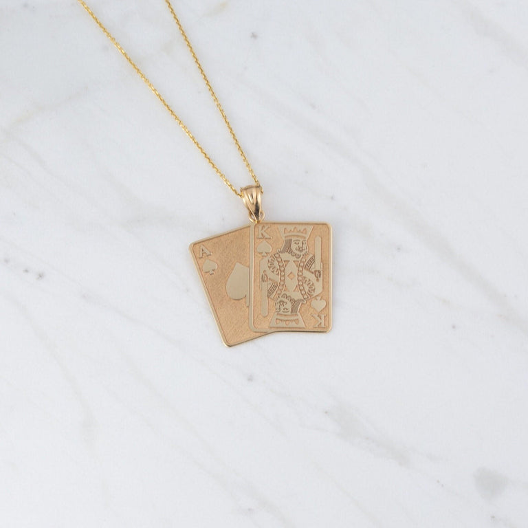 Personalize Engravable Ace and King Of Spades Poker Cards Pendant Necklace With Your NAME in Solid Yellow, White and Rose Gold