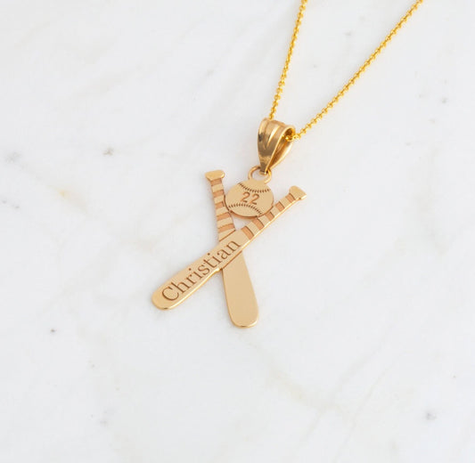 Personalized Engravable Baseball Cross Bats Pendant Name & Number Handcrafted in Solid Yellow, White and Rose Gold