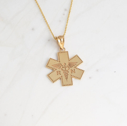 Personalized Engravable Registered Nurse RN Cross Pendant Necklace With Your NAME in Solid Yellow, White and Rose Gold