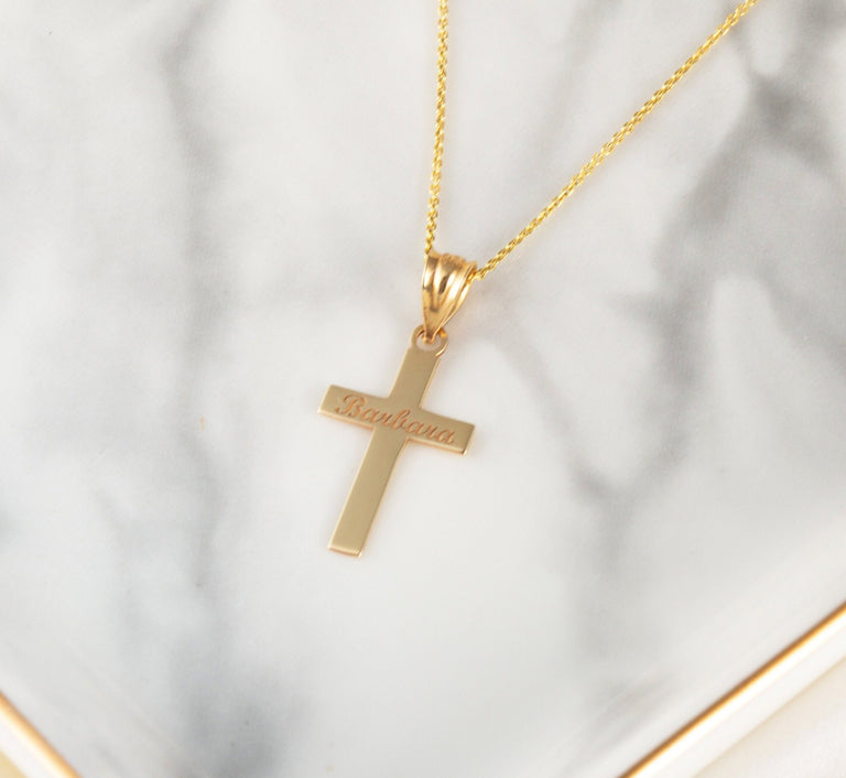 Engravable Personalized Cross Christian Religious Pendant Necklace With Your NAME in Solid Yellow, White and Rose Gold