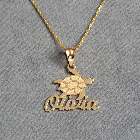 Personalized Sea Turtle NAME Pendant Necklace in Hand made in Solid Yellow, White, Rose Gold