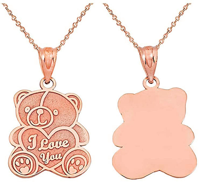 Personalized Engravable Name Heart I Love You Teddy Bear Charm Pendant Necklace Available in Solid Yellow, White and Rose Gold