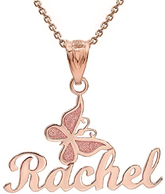 Personalize Butterfly Necklace NAME Pendant For Her, in Solid Yellow, White and Rose Gold