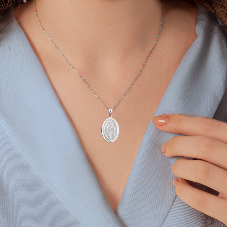 Personalized Mother/Baby Engravable Oval Medallion Necklace With your Name in Solid .925 Sterling Silver