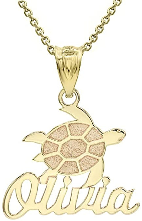 Personalized Sea Turtle NAME Pendant Necklace in Hand made in Solid Yellow, White, Rose Gold