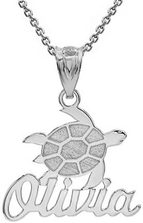 Personalized Sea Turtle NAME Pendant Necklace in Hand made in Solid Yellow, White, Rose Gold